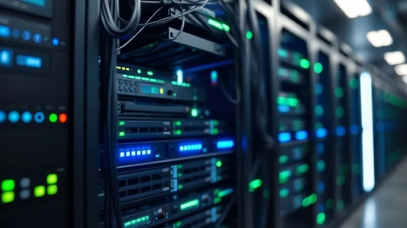 A photorealistic, professional photography, 8K, cinematic lighting, sharp focus, depth of field, shot on a high-end DSLR of a complex yet organized server rack, with glowing blue and green lights indicating active data flow, symbolizing a resilient and scalable web architecture. There are subtle energy lines connecting different components, representing decoupled services.