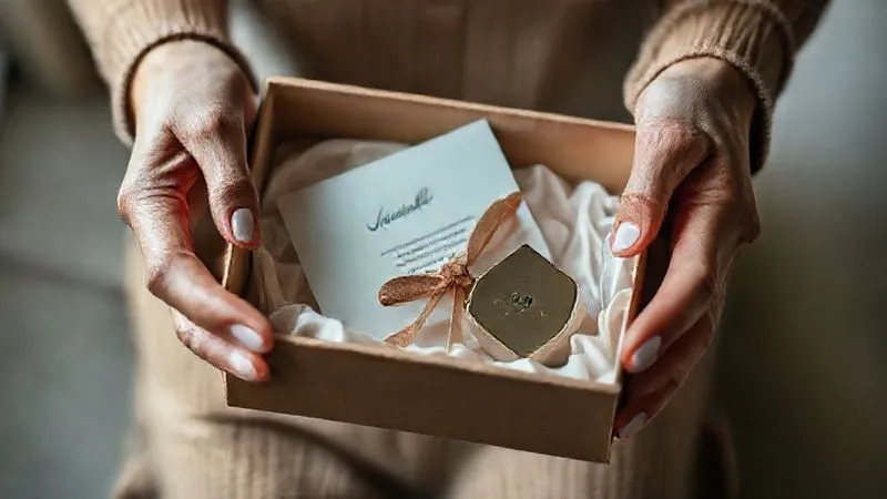 A photorealistic image of an elegant unboxing experience. Hands are gently opening a beautifully designed, branded box, revealing a carefully wrapped product inside. There's a personalized thank-you note and a small, thoughtful branded gift. Cinematic lighting highlights the textures and details, with a shallow depth of field focusing on the hands and the contents. 8K hyper-detailed, professional photography, shot on a high-end DSLR. Emphasize a feeling of delight and anticipation.