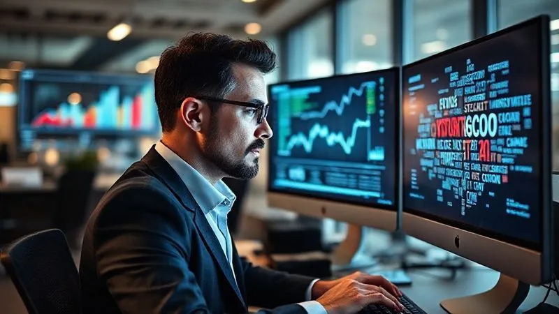 A photorealistic image of a business person in a modern office, analyzing various data visualizations on multiple screens: a bar chart for customer retention, a line graph for website traffic, and a word cloud representing social media sentiment. The person has a focused expression, surrounded by cinematic lighting. Sharp focus on the data, depth of field blurring the background, 8K hyper-detailed, professional photography, shot on a high-end DSLR.