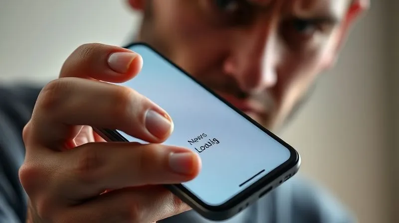 A close-up, photorealistic image of a person's hand holding a smartphone, looking frustrated. The phone screen displays a news app with a loading spinner stuck. The user's face, partially visible, shows annoyance. Cinematic lighting, sharp focus, depth of field, 8K hyper-detailed, professional photography, shot on a high-end DSLR.