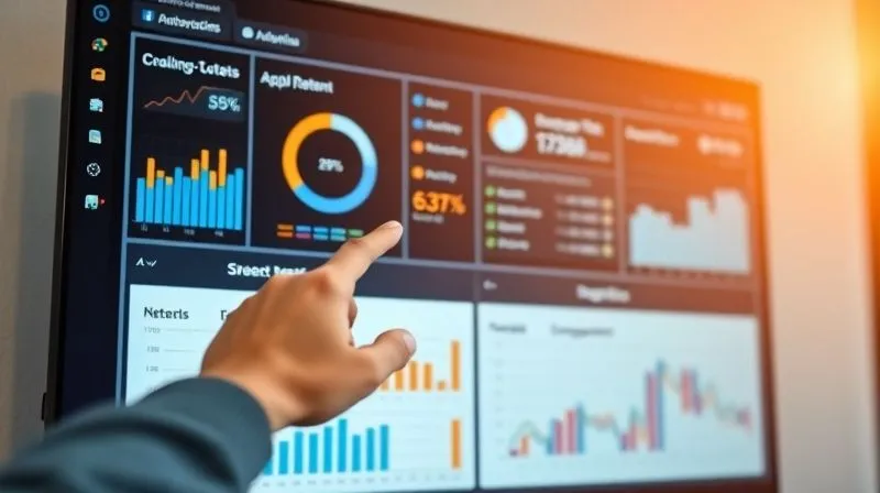 A photorealistic image of a sleek, modern dashboard on a large monitor, displaying various analytical charts and graphs related to app user retention, churn rate, and engagement. The data is clear and visually appealing. A person's hand points to a specific metric on the screen. Cinematic lighting, sharp focus on the dashboard, depth of field, 8K hyper-detailed, professional photography, shot on a high-end DSLR.