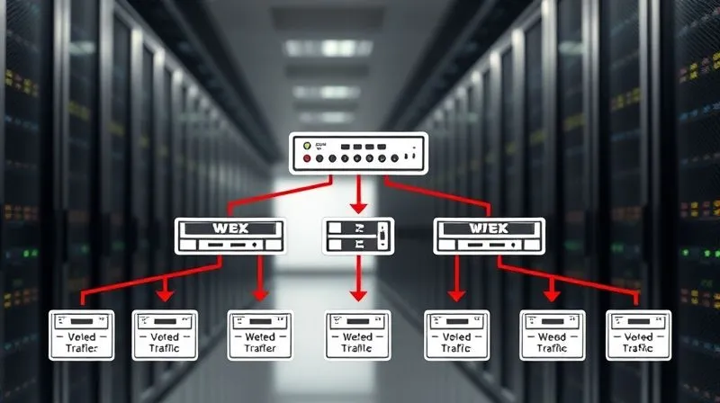 A photorealistic architectural diagram showing a load balancer distributing incoming web traffic to multiple backend servers, with arrows illustrating the flow and redundancy. The background is a sleek, modern data center. Professional photography, 8K, cinematic lighting, sharp focus, depth of field, shot on a high-end DSLR.