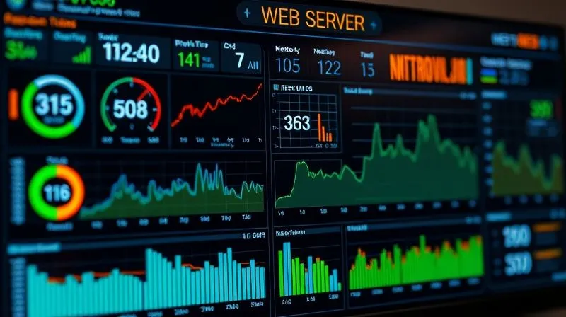 A photorealistic dashboard displaying real-time performance metrics of a web server under stress, with graphs showing CPU usage, memory consumption, network traffic, and response times, all under high load. Professional photography, 8K, cinematic lighting, sharp focus, depth of field, shot on a high-end DSLR.