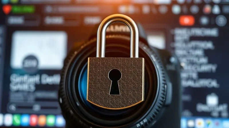 A photorealistic image depicting a digital lock overlaying a professional camera lens, with a blurred background of a website interface, symbolizing the intersection of photography and digital security. Cinematic lighting, sharp focus on the lock, depth of field, 8K hyper-detailed, professional photography.