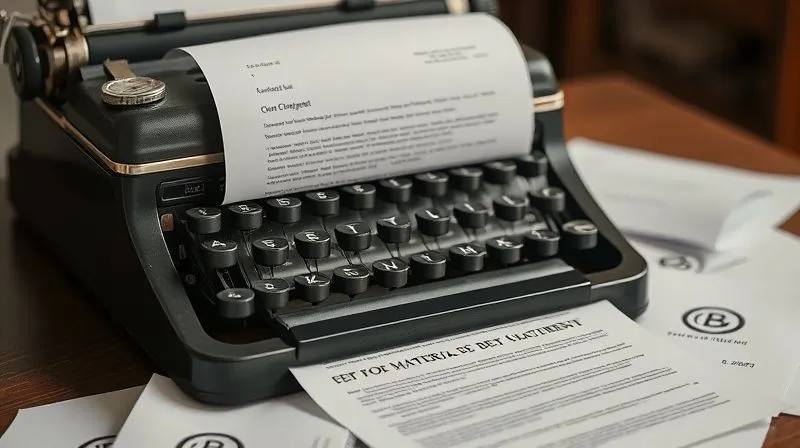A photorealistic image of a vintage typewriter with legal documents scattered around it, one document clearly showing a copyright symbol and a photographer's signature. Cinematic lighting, sharp focus on the document, depth of field blurring the background, 8K hyper-detailed, professional photography.