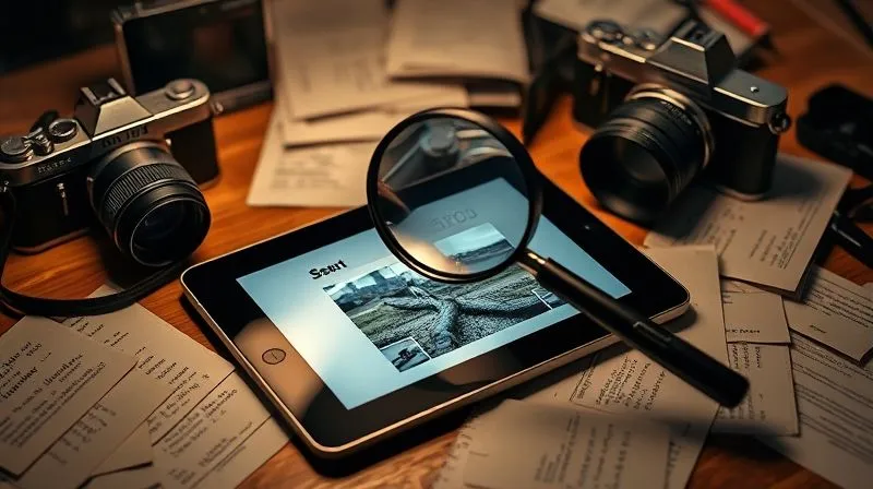A photorealistic image of a detective's desk with a magnifying glass over a tablet displaying a reverse image search result, surrounded by scattered notes and a vintage camera. Cinematic lighting, sharp focus on the tablet screen, depth of field, 8K hyper-detailed, professional photography.
