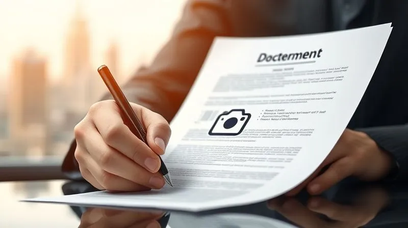 A photorealistic image of a hand signing a legal document with a stylized camera icon on it, symbolizing intellectual property rights and licensing. The background shows a blurred cityscape, suggesting global reach. Cinematic lighting, sharp focus on the document and hand, depth of field, 8K hyper-detailed, professional photography.