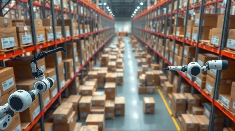 A photorealistic bird's-eye view of a modern fashion warehouse, with robotic arms moving boxes labeled with RFID tags. A digital overlay shows data streams and inventory levels across the facility. Cinematic lighting, sharp focus on the robots and tags, depth of field. 8K hyper-detailed, professional photography.