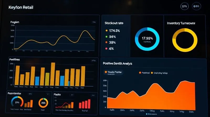 A photorealistic dashboard displaying key performance indicators (KPIs) for fashion retail: a decreasing line graph for stockout rate, an increasing bar chart for inventory turnover, and a positive sentiment analysis graph for customer satisfaction. Clean, modern UI, cinematic lighting, sharp focus. 8K hyper-detailed, professional photography.