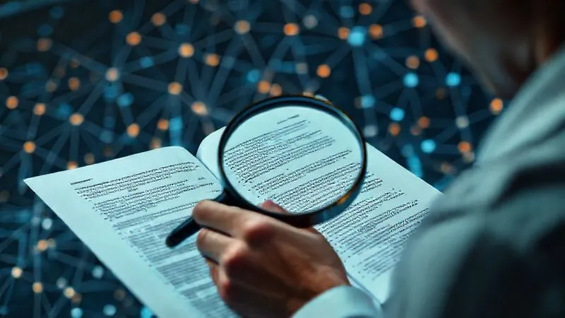 A photorealistic image of a person meticulously reading and analyzing a complex digital document filled with legal text and policy guidelines, with a magnifying glass hovering over a critical section. The background is an abstract representation of interconnected data points, conveying the vastness of digital regulations. Cinematic lighting, sharp focus on the document and magnifying glass, depth of field, 8K hyper-detailed, professional photography, shot on a high-end DSLR. The scene evokes diligence and attention to detail.