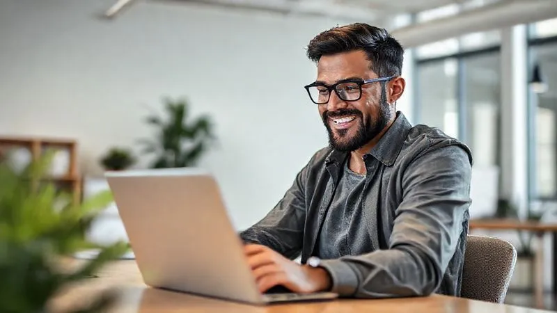 A photorealistic image of a successful e-commerce entrepreneur smiling confidently while looking at a laptop screen displaying positive sales analytics and active Google Ads campaigns. In the background, a modern, minimalist office space with natural light. Cinematic lighting, sharp focus on the entrepreneur and laptop, depth of field, 8K hyper-detailed, professional photography, shot on a high-end DSLR. The scene conveys achievement, stability, and growth.