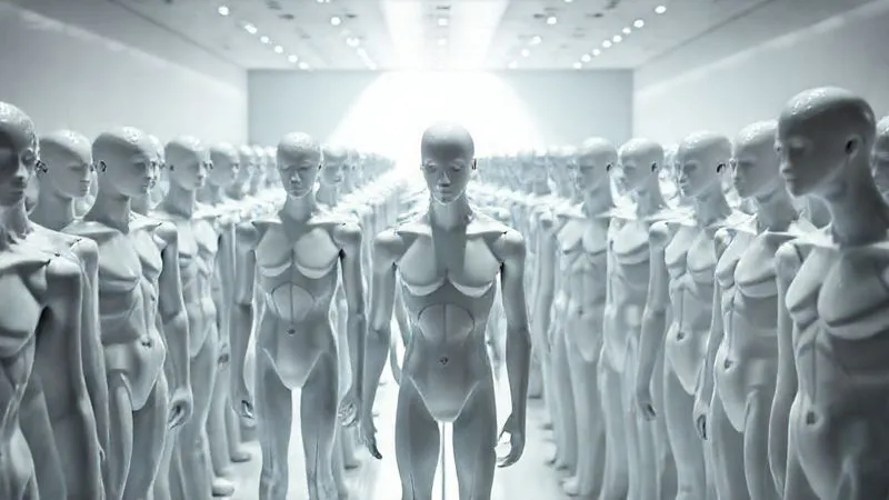 A photorealistic, professional photography, 8K, cinematic lighting, sharp focus, depth of field, shot on a high-end DSLR, of a vast, sterile white room filled with identical, mass-produced mannequins, all facing the same direction. In the foreground, one mannequin is subtly but distinctly different – perhaps a unique posture, a different texture, or a slightly varied form, catching a ray of dramatic light, symbolizing the struggle for individuality amidst conformity.