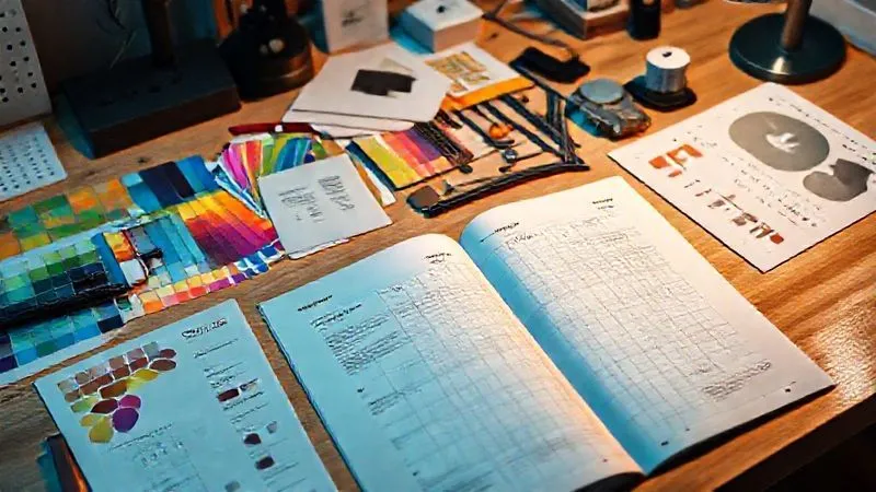 A photorealistic, professional photography, 8K, cinematic lighting, sharp focus, depth of field, shot on a high-end DSLR, depicting a meticulously organized workbench. On the workbench, there are various design components: color swatches, custom typography samples, unique geometric shapes, and a detailed style guide open to a page showing a well-defined grid system. The elements are arranged harmoniously, symbolizing a comprehensive and flexible design system, with a soft glow emanating from the central components.