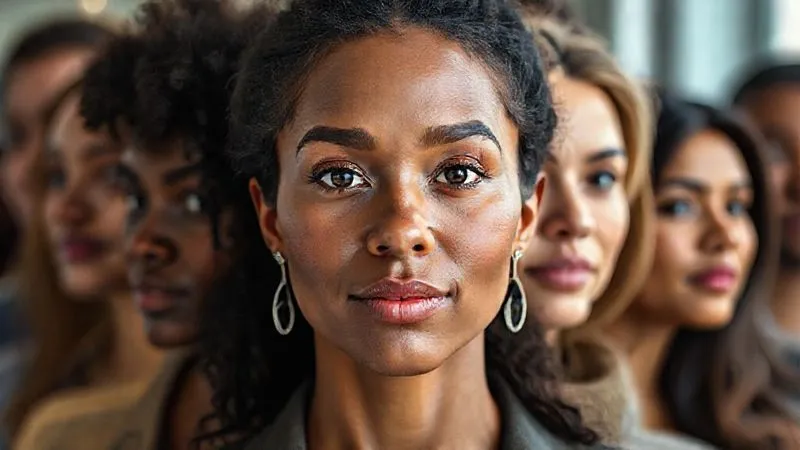 Photorealistic image of a diverse group of people's faces subtly blending into one clear, focused face, representing a detailed customer avatar. Soft, analytical lighting, sharp focus on the central face, depth of field blurring the background, 8K hyper-detailed, professional photography, shot on a high-end DSLR.