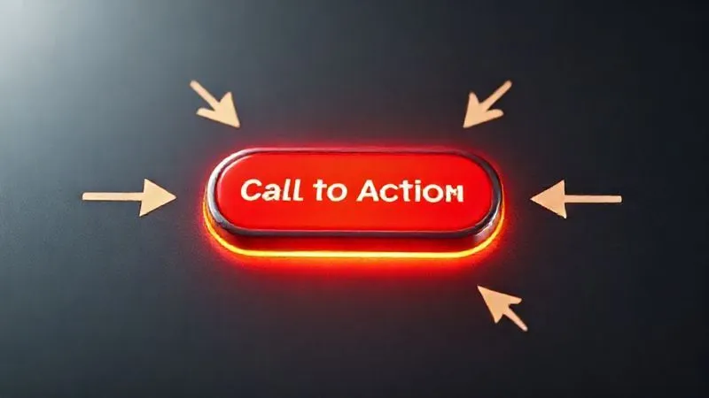 Photorealistic image of a glowing, prominent 'Call to Action' button on a sleek, modern interface, surrounded by subtle arrows pointing towards it, suggesting urgency and direction. Cinematic lighting, sharp focus on the button, depth of field blurring the background, 8K hyper-detailed, professional photography, shot on a high-end DSLR.