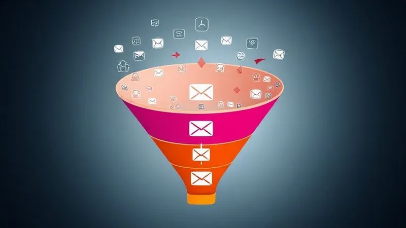 A photorealistic image of a complex sales funnel diagram, starting wide at the top with many small icons representing leads, narrowing down to a few larger icons at the bottom representing customers. Arrows flow smoothly through the funnel, with email icons strategically placed at each stage. Cinematic lighting, sharp focus, depth of field, 8K hyper-detailed, professional photography, shot on a high-end DSLR.