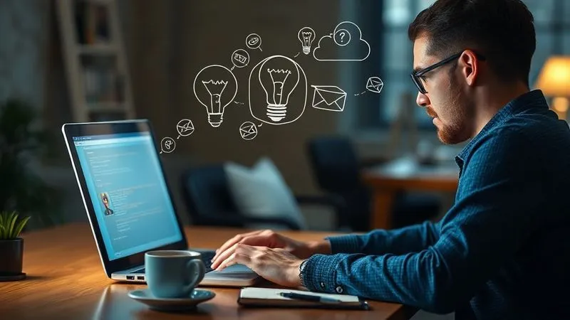A photorealistic image of a person at a desk, intensely focused on a laptop screen, with digital thought bubbles and lightbulbs appearing above their head, symbolizing creative ideas for email copy. The desk is neat, with a coffee cup and a notebook. Cinematic lighting, sharp focus on the person and laptop, depth of field blurring the background, 8K hyper-detailed, professional photography, shot on a high-end DSLR.