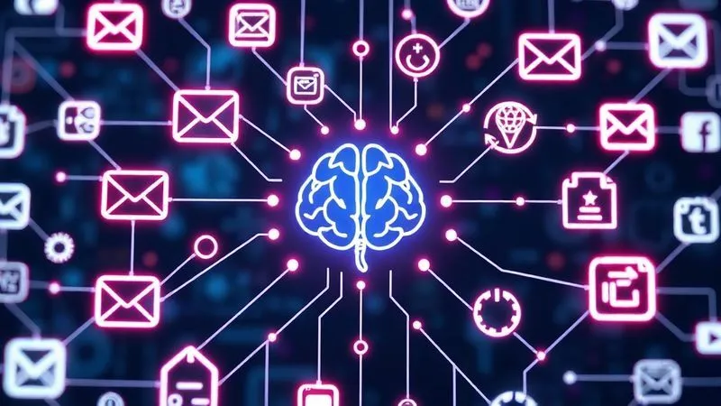 A photorealistic image of various digital tools and icons (email, CRM, analytics, e-commerce, social media) interconnected by glowing lines, forming a seamless network. In the center, a stylized brain or a gear symbolizes the 'intelligence' of automation. Cinematic lighting, sharp focus, depth of field, 8K hyper-detailed, professional photography, shot on a high-end DSLR.