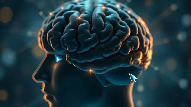 Photorealistic image of a person's brain with subtle glowing pathways connecting to eyes and a mouse cursor, illustrating cognitive processes and decision-making in digital advertising, cinematic lighting, sharp focus, 8K hyper-detailed, depth of field, professional photography, shot on a high-end DSLR.