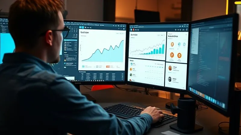 Photorealistic image of a professional graphic designer working on multiple high-resolution monitors, one screen showing a banner design in Adobe Photoshop, another displaying Google Analytics data, and a third with a Figma interface. Cinematic lighting, sharp focus on the designer's hands and screens, 8K hyper-detailed, depth of field, professional photography, shot on a high-end DSLR.