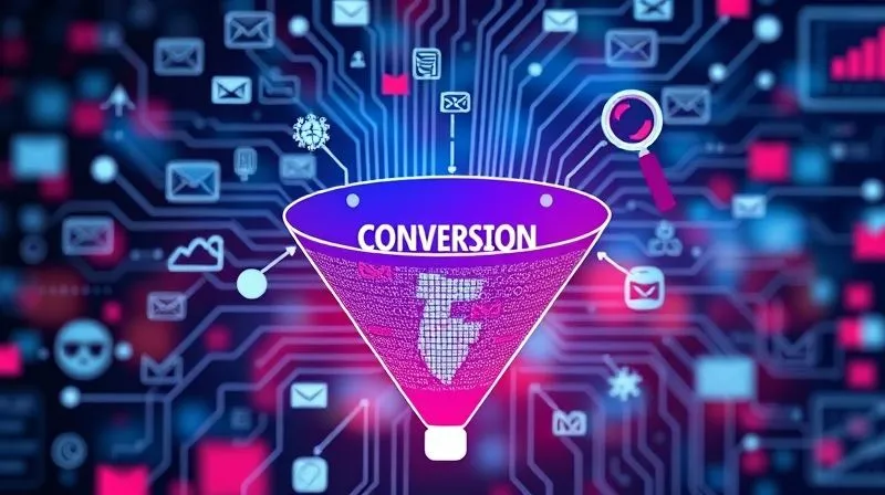 Photorealistic image of a complex digital marketing funnel diagram, with various channels like social media icons, email symbols, and search bar magnifying glasses subtly flowing into a central 'conversion' point, where a vibrant digital banner ad is prominently displayed. Cinematic lighting, sharp focus, 8K hyper-detailed, depth of field, professional photography, shot on a high-end DSLR.