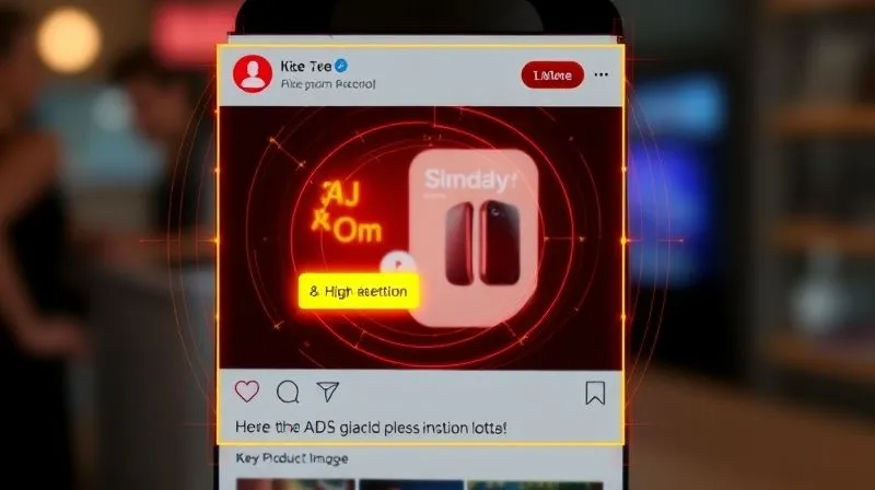A photorealistic image depicting a user's eye-tracking heat map over a social media post, highlighting areas of high attention on a compelling call-to-action button and a key product image. The background elements are subtly blurred to emphasize the focus points. Shot with cinematic lighting, sharp focus, depth of field, 8K hyper-detailed, professional photography.