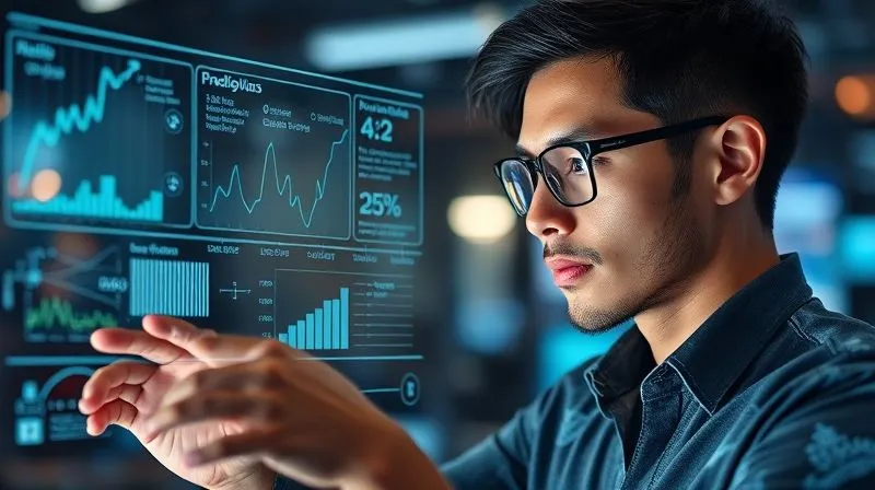 A photorealistic image showing a futuristic designer working on a transparent holographic interface, where AI algorithms are actively suggesting design optimizations for social media posts, displaying predictive analytics and lead conversion probabilities. The designer's face shows focused determination. Cinematic lighting, sharp focus on the interface, depth of field blurring the background, 8K hyper-detailed, professional photography.