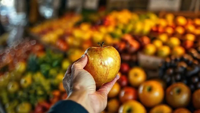 A photorealistic image of a person's hand carefully selecting a single shining golden apple from a diverse collection of fruits, symbolizing a strategic and profitable product choice. The background is a gently blurred market stall. Cinematic lighting, sharp focus on the selected apple, depth of field blurring the background. 8K hyper-detailed, professional photography, shot on a high-end DSLR.