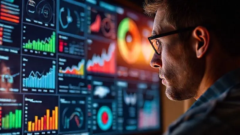 A photorealistic image of a person intently looking at a complex digital dashboard filled with various charts, graphs, and key performance indicators (KPIs) related to sales and marketing. The screen shows clear data visualizations of growth and areas for improvement. Cinematic lighting, sharp focus on the screen and the person's thoughtful expression, depth of field blurring the background. 8K hyper-detailed, professional photography, shot on a high-end DSLR.