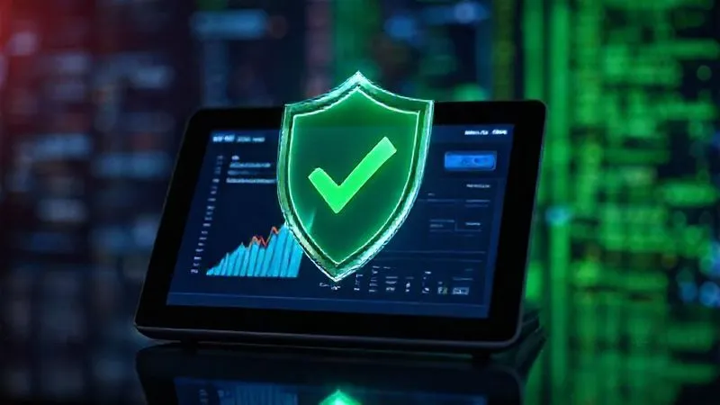 A photorealistic image of a digital shield with a green checkmark protecting a Google Ads interface displayed on a tablet. The shield symbolizes security and compliance, while the interface shows healthy campaign metrics. Cinematic lighting, sharp focus on the shield and tablet, depth of field blurring a background of glowing data streams. 8K hyper-detailed, professional photography, shot on a high-end DSLR.