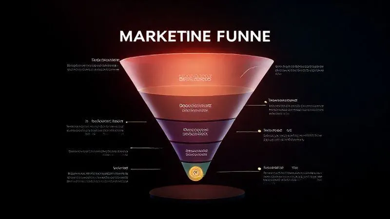 A photorealistic infographic showing a marketing funnel, with different types of tech content (blog posts, whitepapers, demos) aligned to each stage (awareness, consideration, decision). Cinematic lighting, sharp focus, 8K hyper-detailed, professional photography.
