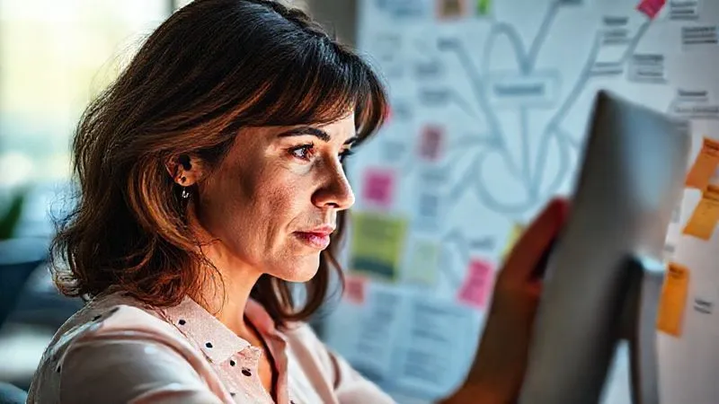 A photorealistic image of a thoughtful graphic designer, a woman in her late 30s with a focused expression, looking intently at a digital screen displaying a client brief. She is surrounded by mind maps and sticky notes, symbolizing deep understanding of client needs and strategic thinking. Cinematic lighting, sharp focus on her face and the screen, depth of field blurring the background, 8K hyper-detailed, professional photography, shot on a high-end DSLR.