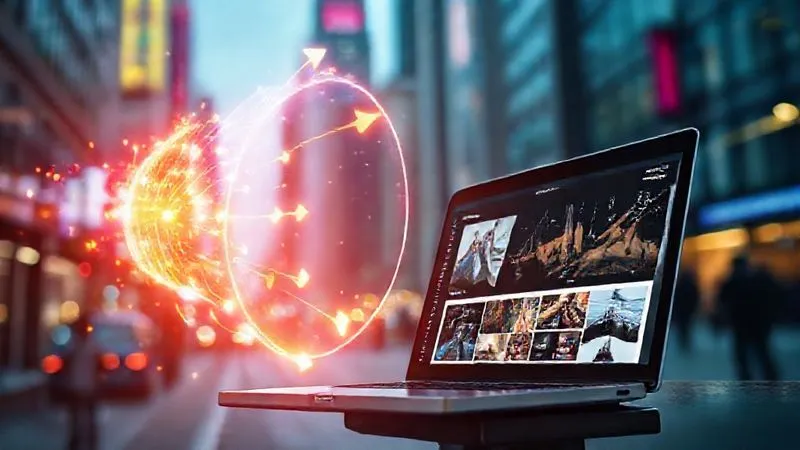 A photorealistic image of a digital funnel glowing with vibrant data points and arrows, symbolizing SEO optimization and organic client acquisition. The funnel leads to a laptop screen displaying a professional graphic design portfolio. Cinematic lighting, sharp focus on the funnel and laptop, depth of field blurring a busy cityscape background, 8K hyper-detailed, professional photography, shot on a high-end DSLR.