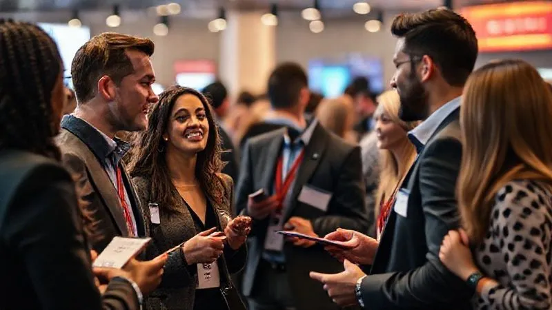 A photorealistic image of diverse professionals networking at a modern industry event, exchanging business cards and engaging in animated conversation. Soft, warm cinematic lighting, sharp focus on the interactions, depth of field blurring the background crowd and branding, 8K hyper-detailed, professional photography, shot on a high-end DSLR.