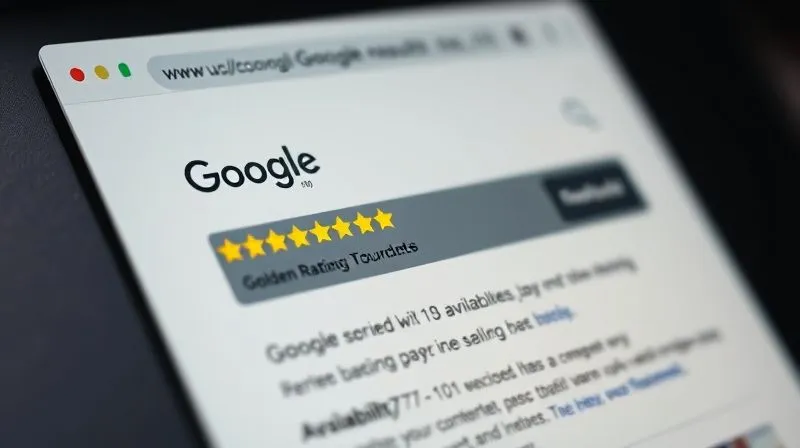 A photorealistic representation of a Google search results page, showing a product listing with rich snippets: golden star ratings, price, and availability highlighted, all rendered with cinematic lighting and sharp focus, 8K hyper-detailed.