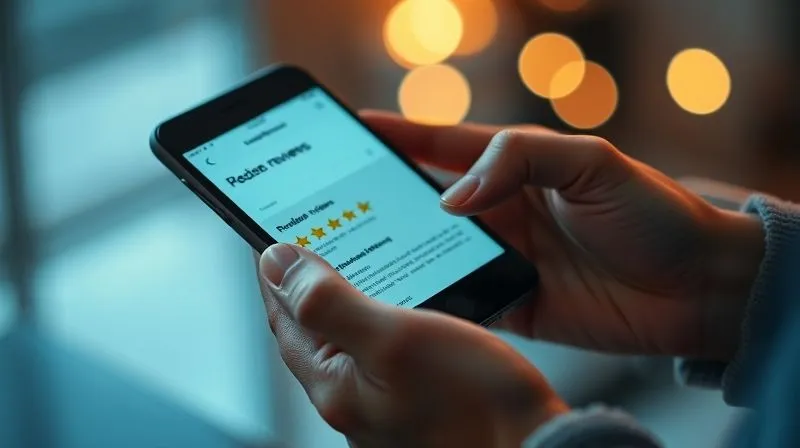 A photorealistic, professional photography, 8K, cinematic lighting, sharp focus, depth of field, shot on a high-end DSLR, of hands holding a smartphone displaying product reviews with star ratings, surrounded by a subtle aura of trust and community, symbolizing the power of user-generated content for SEO.