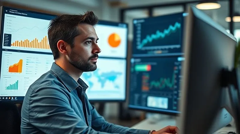 A photorealistic image of a professional data analyst looking at multiple screens displaying Google Analytics and Search Console dashboards, with charts, graphs, and keyword data, cinematic lighting, sharp focus on the analyst's thoughtful expression, 8K hyper-detailed, depth of field blurring the office background.
