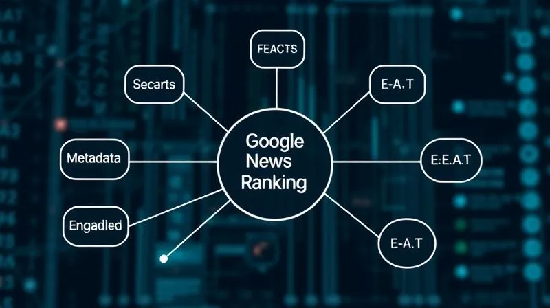 A photorealistic representation of a complex algorithm flow chart, with nodes representing "Video Content," "Metadata," "User Engagement," and "E-E-A-T," all connecting to a central "Google News Ranking" node. Cinematic lighting, sharp focus, 8K, high-end DSLR.
