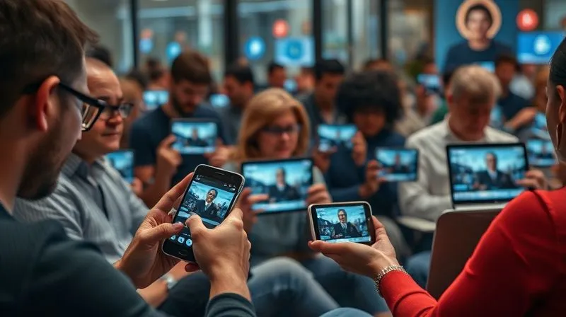 A photorealistic image of a diverse group of people on various digital devices (smartphones, tablets, laptops) watching news videos, with social media icons subtly integrated into the scene, representing widespread distribution and engagement. Cinematic lighting, sharp focus, 8K, high-end DSLR.