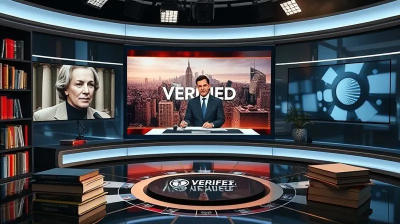 A photorealistic image of a news studio, with a credible journalist presenting a report on a large screen, surrounded by elements symbolizing trust and authority: a "Verified" badge, academic books, and subtle references to data sources. Cinematic lighting, sharp focus on the journalist, 8K, high-end DSLR.