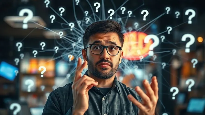 A photorealistic image of a confused business owner looking at a tangled web of inconsistent digital marketing channels on a holographic screen, with question marks floating around, cinematic lighting, sharp focus, depth of field, 8K hyper-detailed, professional photography, shot on a high-end DSLR.