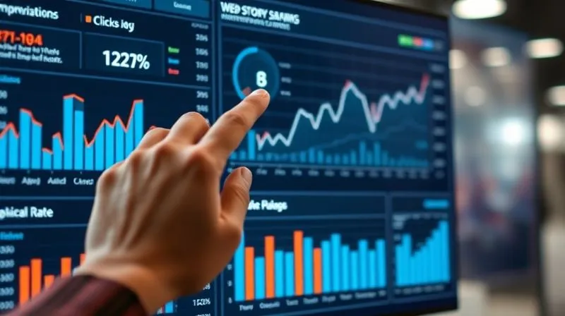 A photorealistic image of a dashboard with various digital graphs and charts showing web story performance metrics (impressions, clicks, CTR, engagement rate). A hand is pointing to a specific data point on a chart, suggesting analysis and optimization. Cinematic lighting, sharp focus on the data, depth of field blurring a modern office background, 8K hyper-detailed, shot on a high-end DSLR.