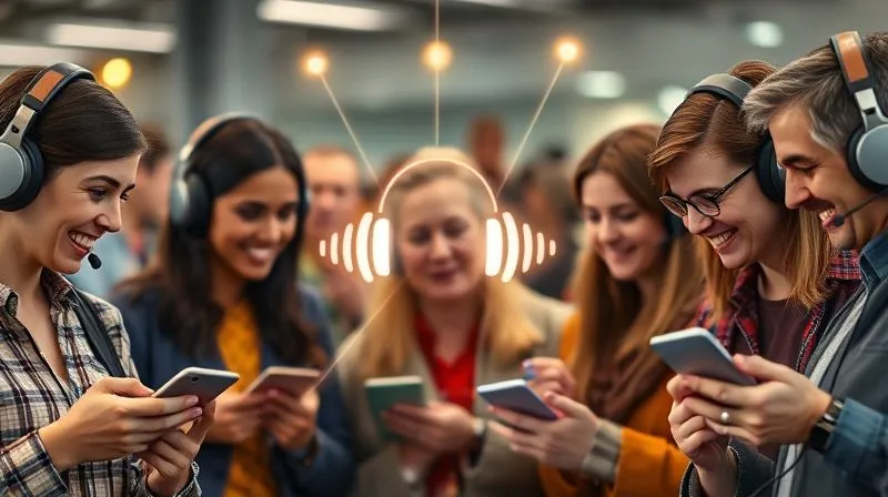 A photorealistic, professional photography, 8K, cinematic lighting, sharp focus, depth of field, shot on a high-end DSLR, depicting a diverse group of people, young and old, smiling and engaged, wearing headphones and using smartphones/tablets, subtly connected by glowing lines representing sound waves, with a central, abstract radio icon. The image evokes a sense of vibrant community and shared experience.
