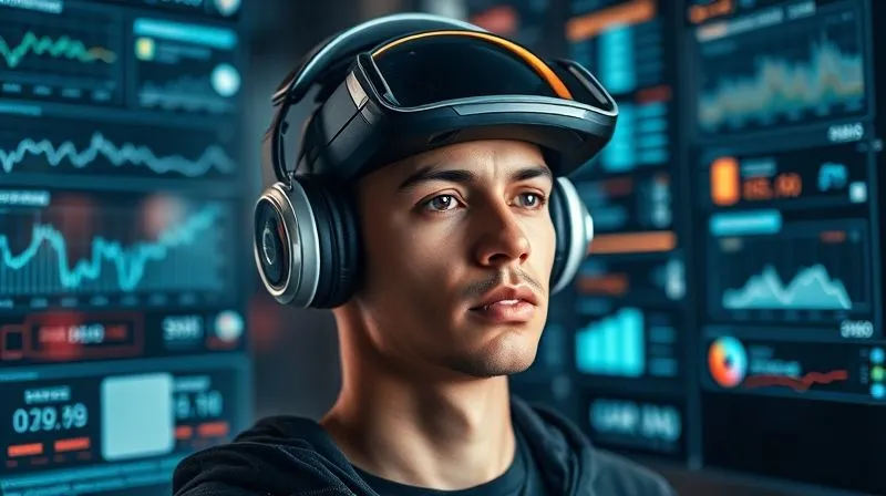 A photorealistic, professional photography, 8K, cinematic lighting, sharp focus, depth of field, shot on a high-end DSLR, showing a person with a futuristic headset, surrounded by holographic interfaces displaying data trends, sound waves, and social media feeds, suggesting innovation, adaptability, and forward-thinking in digital audio. The mood is determined and visionary.