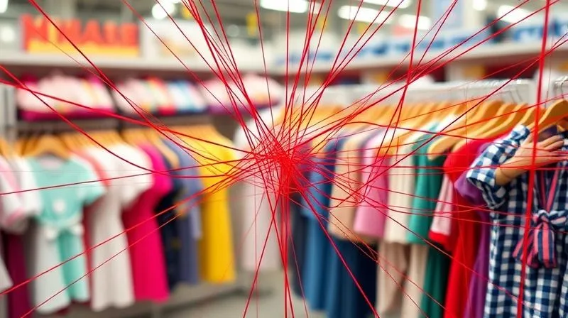 A photorealistic image depicting a complex network of intertwined threads, symbolizing customer relationships in the fashion wholesale industry. The threads are vibrant and strong, with some glowing digitally, representing digital CRM. In the background, blurred racks of children's clothes. Cinematic lighting, sharp focus on the central network of threads, depth of field, 8K hyper-detailed, shot on a high-end DSLR.