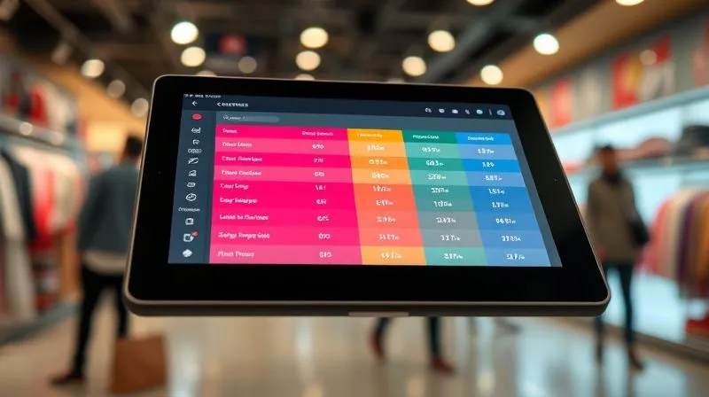 A photorealistic close-up of a digital tablet screen displaying a highly segmented customer list within a CRM interface. Each segment is color-coded, showing different buying behaviors and preferences for children's fashion. The background is a soft-focus image of a bustling wholesale showroom. Cinematic lighting, sharp focus on the tablet screen, depth of field, 8K hyper-detailed, shot on a high-end DSLR.