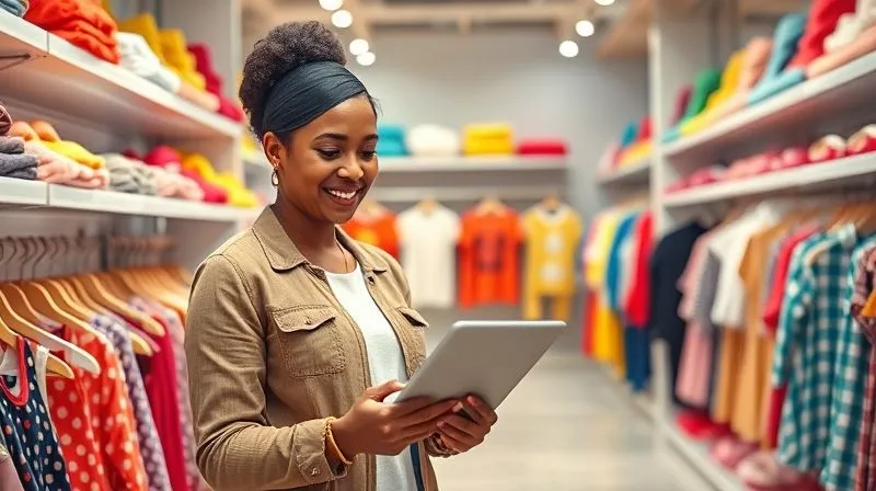 A photorealistic image of a vibrant, modern children's clothing store, with a smiling store owner looking at a tablet displaying positive sales figures and customer feedback. The shelves are neatly organized with colorful and stylish children's apparel. Cinematic lighting, sharp focus on the store owner and tablet, depth of field blurring the background slightly, 8K hyper-detailed, shot on a high-end DSLR.