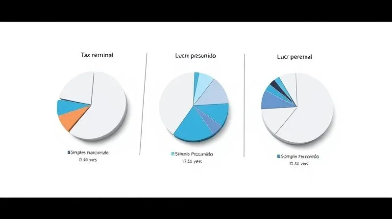A photorealistic 8K image of a clear, modern infographic showing three distinct pie charts, each representing a different tax regime (Simples Nacional, Lucro Presumido, Lucro Real) with slices indicating various tax burdens. The charts are arranged on a minimalist white background, with cinematic lighting emphasizing the data and sharp focus on the details, depth of field blurring the edges slightly, professional photography, shot on a high-end DSLR.