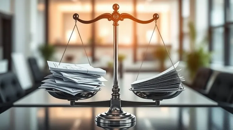 A photorealistic 8K image of a balanced weighing scale, with one side heavily laden with tax documents and bills, and the other side showing a few, lighter financial sheets, symbolizing tax optimization. The background is a modern office setting with cinematic lighting, sharp focus on the scale, depth of field blurring the office, professional photography, shot on a high-end DSLR.