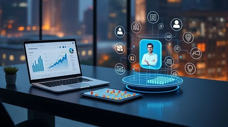 A photorealistic 8K image of a modern, sleek desk setup featuring an open laptop displaying financial dashboards, a tablet showing a video conference with a smiling accountant, and various digital tools (stylized icons for CRM, ERP, invoicing) floating around a holographic display. Cinematic lighting illuminates the scene, sharp focus on the central desk, depth of field blurring a background of city lights, professional photography, shot on a high-end DSLR.